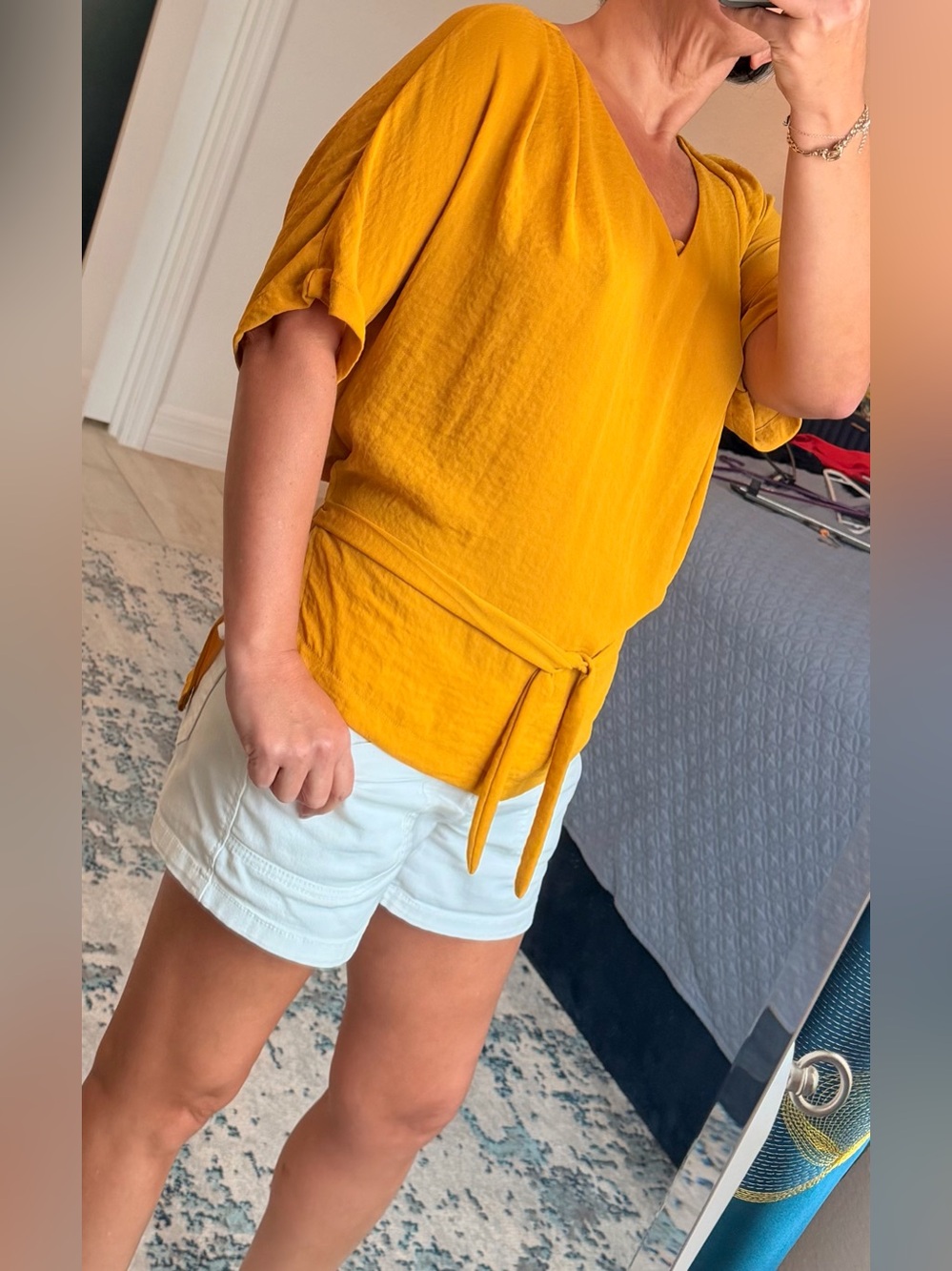 Worthington Mustard Yellow V-Neck Tie-Waist Blouse